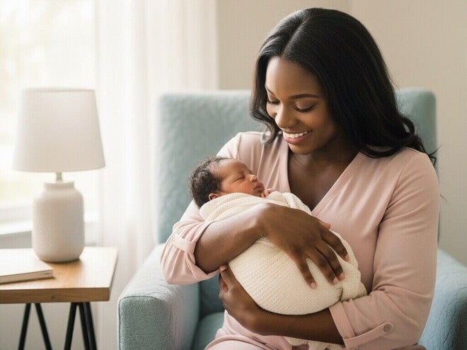 Fotografia de uma mulher sentada em uma poltrona azul clara, segurando delicadamente um bebê envolto em um cobertor de cor creme.