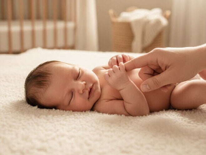 Recém-nascido segurando o dedo de um adulto, demonstrando os reflexos naturais do bebê em ambiente iluminado."