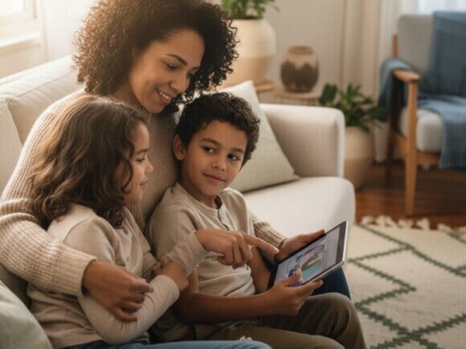 Fotografia de uma mulher e duas crianças sentadas em um sofá branco em uma sala de estar acolhedora, interagindo com um dispositivo tablet exibindo conteúdo colorido.