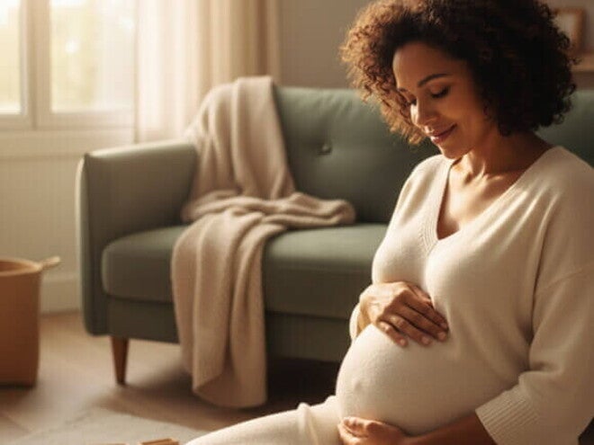 Mulher grávida diversificada, sorrindo e acariciando a barriga em um momento de conexão.