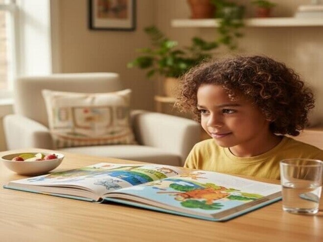 Criança diversa focada lendo um livro, com luz natural, transmitindo concentração e aprendizado.