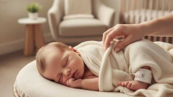 Recém-nascido dormindo tranquilamente durante monitoramento neonatal em ambiente acolhedor com iluminação suave.