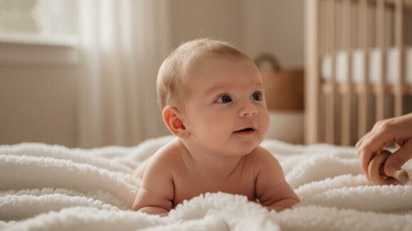 Recém-nascido deitado em manta clara reagindo a sons em um ambiente iluminado e acolhedor.