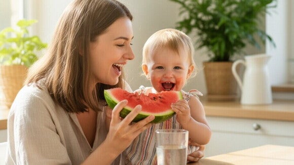 Mãe e criança pequena comendo melancia e bebendo água em uma cozinha iluminada e acolhedora.