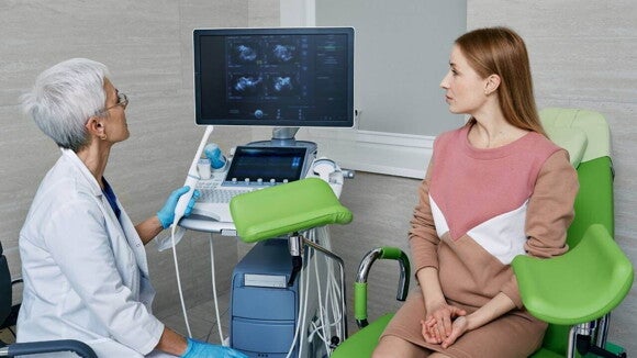 Uma profissional de saúde mostra uma tela de ultrassom para uma paciente sentada à sua frente. Uma profissional de saúde mostra uma tela de ultrassom para uma paciente sentada à sua frente.