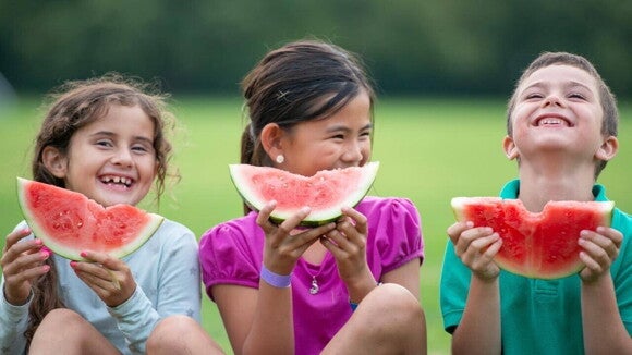 Três crianças sentadas ao ar livre em um gramado, rindo e comendo fatias grandes de melancia madura.